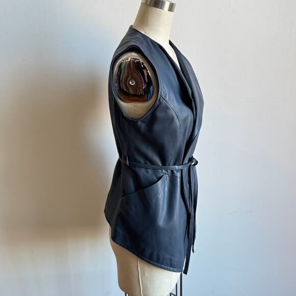 SARACENO BELLAGIO Blue Leather Belted Vest - Picture 2 of 11